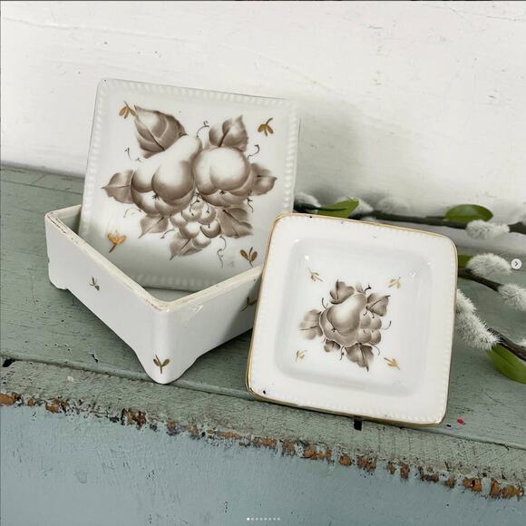 Vintage Coaster Trinket Box Brown Hand Painted Fruit Flower Square Porcelain - Picture 1 of 8